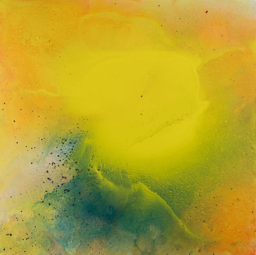 Oeuvre lumineuse de Monique ORSINI en technique mixte sur toile de format carré, oeuvre abstraite contemporaine à dominante jaune acidulé.