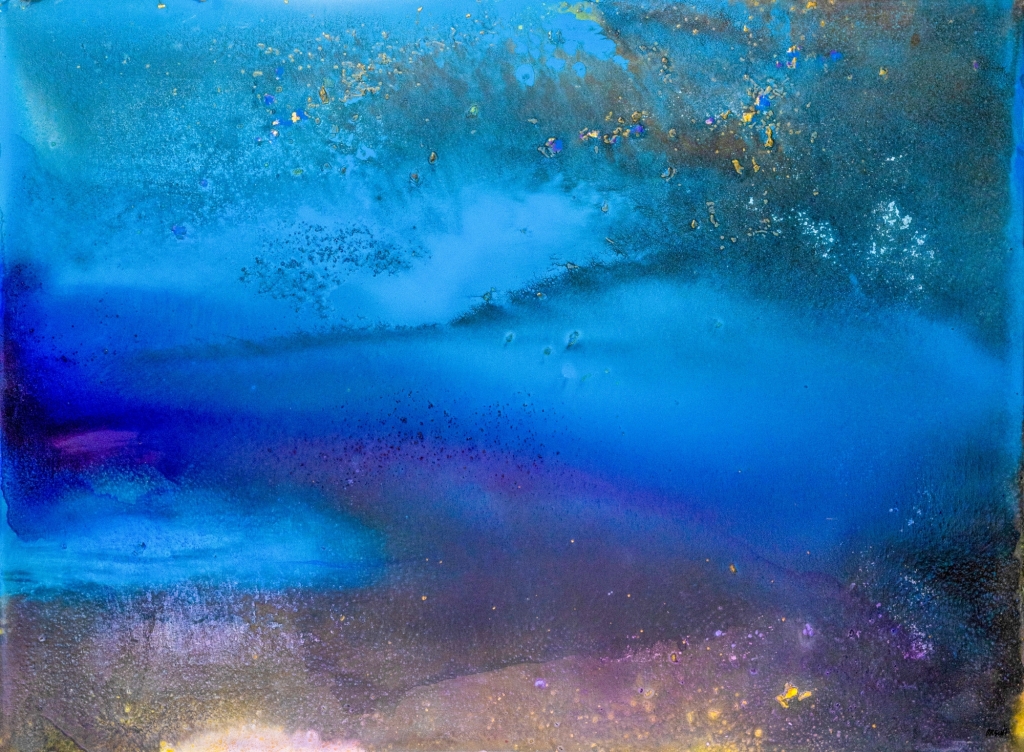 Oeuvre poétique en technique mixte sur toile de l'artiste contemporaine Monique ORSINI. Composition abstraite vaporeuse aux teintes bleu celeste