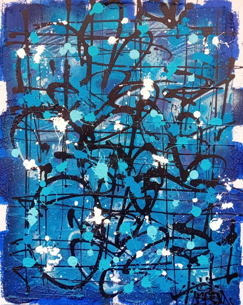 Oeuvre emblématique de l'artiste NEBAY réalisée en technique mixte sur toile. Cette composition de grand format réalisée en camaïeu de bleu nous exprime toute la puissance créative de l'artiste.