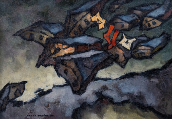 Composition surréaliste intitulée MAISONS VOLANTES du peintre russe Oscar RABINE, représentant un groupe de maisons flottant dans un ciel sombre, la couleur dominante est le gris
