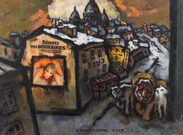 Oeuvre grand format de Oscar RABINE peinte en huile sur toile, représentant un paysage urbain au pied de la bute de Montmartre. Un lion, un loup et une brebis errant dans une ruelle sont les figures centrales de la composition