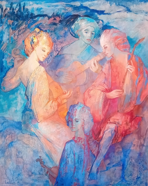Peinture à l'huile sur toile intitulée, HARMONIE DU SOIR de Hervé LOILIER, représentant quatre figures féminines jouant de différents instruments de musique. Le fond est éthéré et suggère un village lointain, la couleur dominante est le bleu.