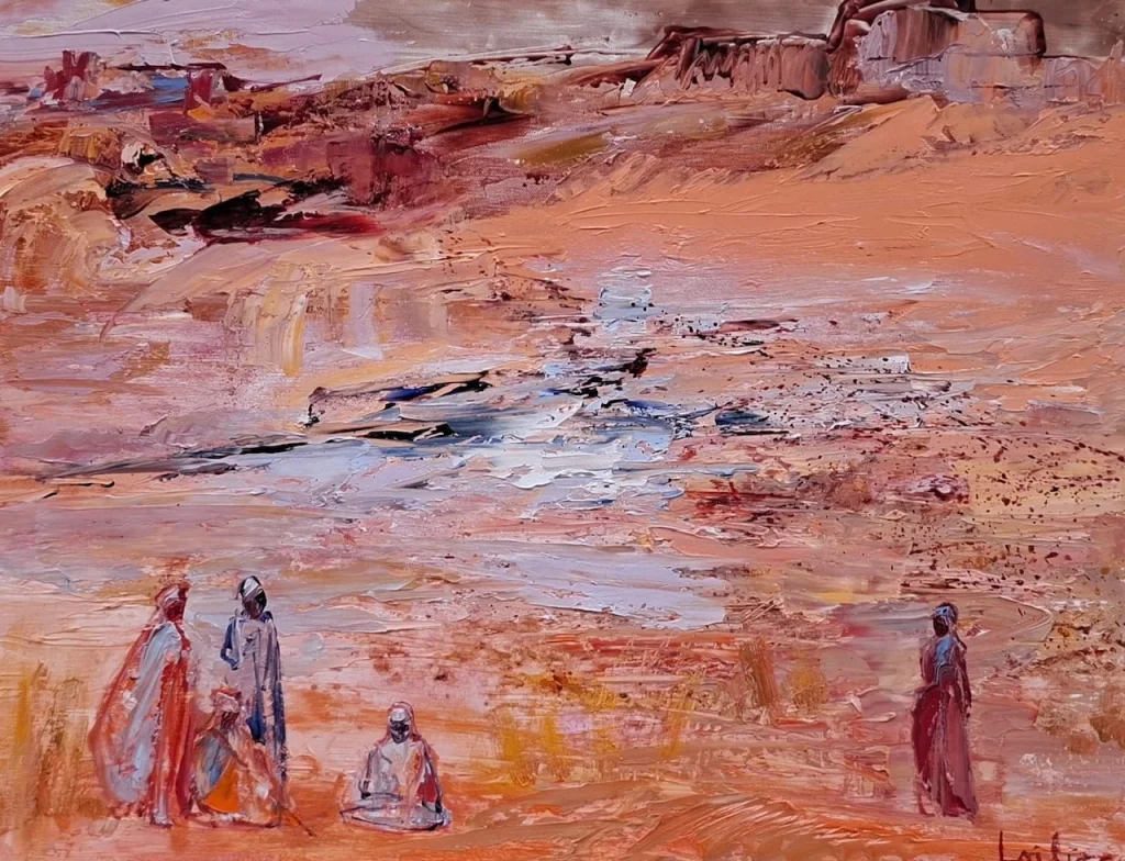 Hervé LOILIER, Au bivouac, huile sur toile représentant un groupe de personnages en tenue traditionnelle dans un vaste paysage désertique aux reliefs rocheux. Les silhouettes, disposées au premier plan, semblent faire halte dans cette étendue minérale aux nuances de sable, d’ocre, de rose et de brun. La composition privilégie les larges aplats et les empâtements généreux, qui donnent au sol et aux formations rocheuses une texture presque sculpturale. La palette chaleureuse et les figures esquissées avec spontanéité évoquent une scène de vie nomade, empreinte de sérénité et d’évasion.