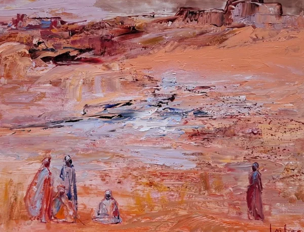 Hervé LOILIER, Au bivouac, huile sur toile représentant un groupe de personnages en tenue traditionnelle dans un vaste paysage désertique aux reliefs rocheux. Les silhouettes, disposées au premier plan, semblent faire halte dans cette étendue minérale aux nuances de sable, d’ocre, de rose et de brun. La composition privilégie les larges aplats et les empâtements généreux, qui donnent au sol et aux formations rocheuses une texture presque sculpturale. La palette chaleureuse et les figures esquissées avec spontanéité évoquent une scène de vie nomade, empreinte de sérénité et d’évasion.
