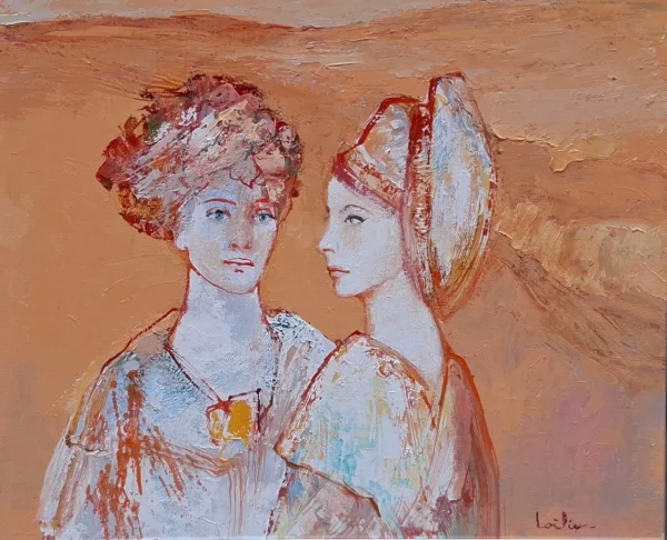 Hervé LOILIER, Chuchotements, huile sur toile représentant deux femmes aux visages délicats, vêtues de robes aux tons pastel et coiffées d’élégants chignons et couvre-chefs. Rapprochées l’une de l’autre, elles semblent partager un secret dans une atmosphère empreinte de douceur et de complicité. Le fond ocre chaleureux met en valeur la délicatesse des visages, les nuances de blanc, de bleu et de rose ainsi que la matière picturale généreuse. Une composition intimiste et raffinée, caractéristique de l’univers figuratif de l’artiste.