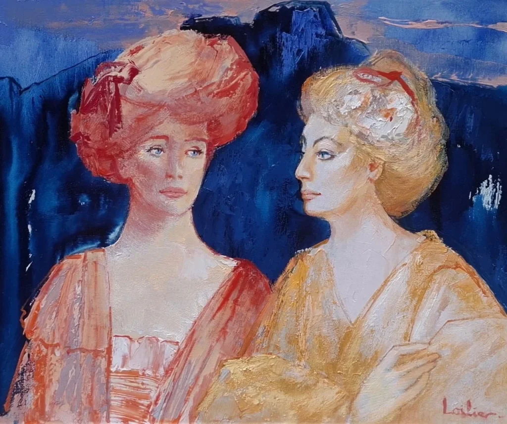 Hervé LOILIER, Confidences, huile sur toile représentant deux femmes élégantes aux coiffures volumineuses, vêtues de robes aux nuances de rose poudré et d’ocre doré. L’une regarde le spectateur tandis que l’autre se tourne vers elle, suggérant un échange intime et discret. Le fond bleu profond contraste avec la douceur des carnations et la luminosité des étoffes. Par son dessin expressif, sa matière picturale généreuse et son harmonie chromatique, l’artiste compose un portrait empreint de raffinement et de mystère.
