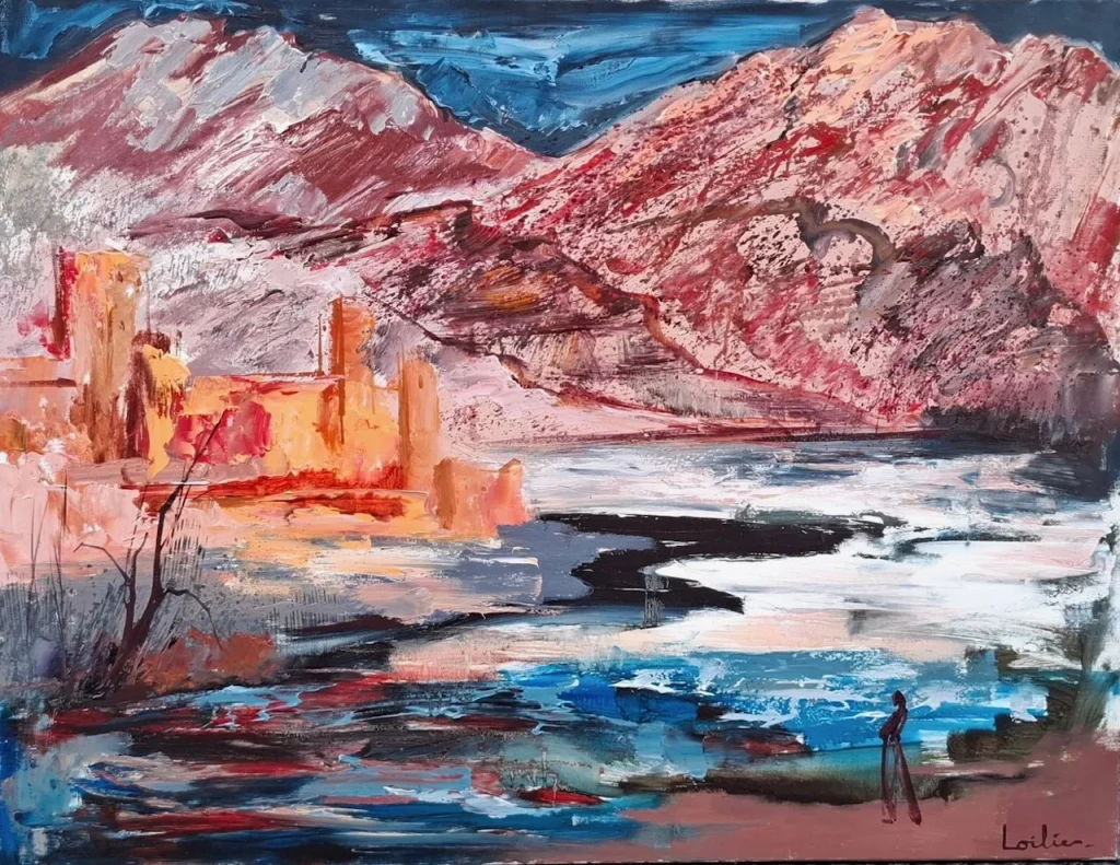 Hervé LOILIER, Le Ksar, huile sur toile représentant un paysage montagneux dominé par des reliefs aux teintes rosées et rougeâtres, au pied desquels se dessine un village aux constructions ocre et orangées. Au premier plan, des étendues d’eau aux reflets bleus, gris et blancs contrastent avec la chaleur des roches et des habitations. La touche énergique et la matière picturale généreuse donnent à cette scène une atmosphère expressive, évoquant la beauté minérale des paysages du sud.