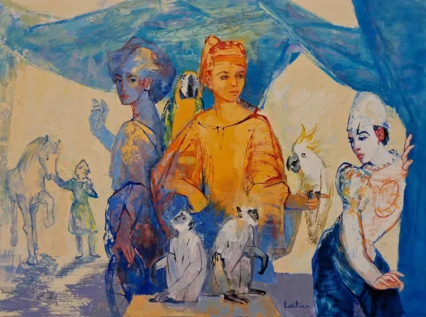 Hervé LOILIER, Les coulisses, huile sur toile représentant plusieurs personnages féminins aux costumes colorés, entourés de perroquets, de cacatoès et de silhouettes esquissées en arrière-plan. La scène évoque l’atmosphère d’un espace théâtral, entre préparation et représentation. Les bleus profonds dialoguent avec les nuances lumineuses d’ocre et d’orange, tandis que les touches de blanc et les contours expressifs rythment la composition. Par son dessin spontané, sa matière picturale généreuse et son univers figuratif singulier, l’artiste crée une scène mystérieuse qui semble dévoiler les instants secrets précédant le spectacle.