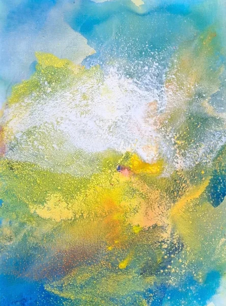 Monique ORSINI, Le mimosa est revenu, peinture abstraite en technique mixte aux tons turquoise, bleu, vert, jaune et doré, évoquant la floraison lumineuse du mimosa.
