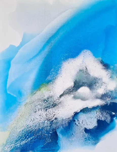 Monique ORSINI, Mer nourricière, peinture abstraite en technique mixte aux nuances de bleu, turquoise, blanc et vert, évoquant les mouvements et les profondeurs de la mer.