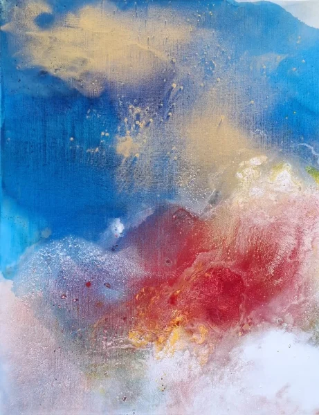 Nuage paysage d’or, technique mixte sur toile de Monique ORSINI, composition abstraite aux nuances de bleu, rose, rouge, blanc et touches dorées évoquant un paysage nuageux et lumineux.