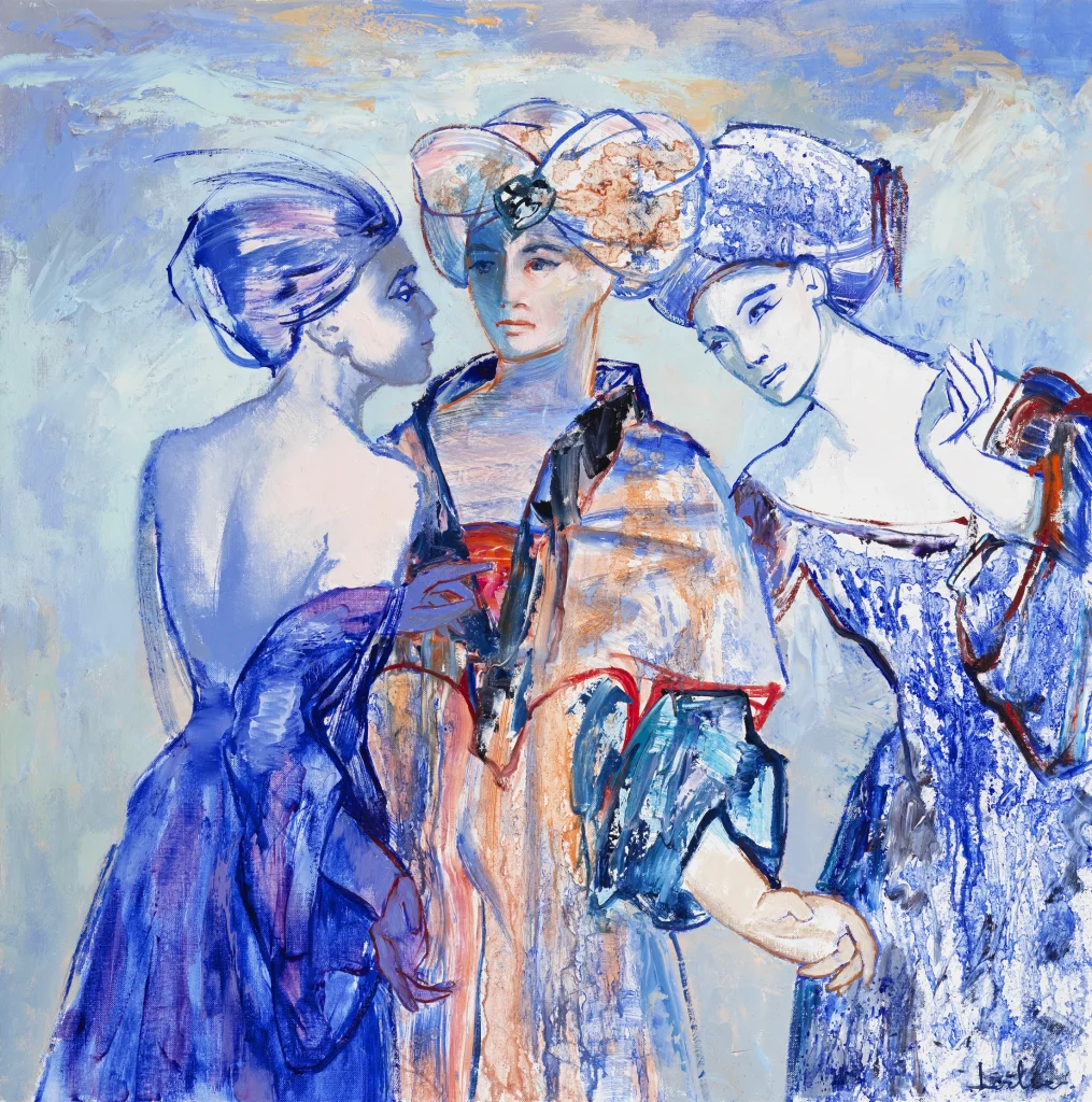 Hervé LOILIER, Chuchotements, huile sur toile de 100 × 100 cm représentant trois femmes élégantes aux coiffes et tenues raffinées, dans une composition figurative aux nuances de bleu, blanc, violet et orange, évoquant un échange intime et complice.
