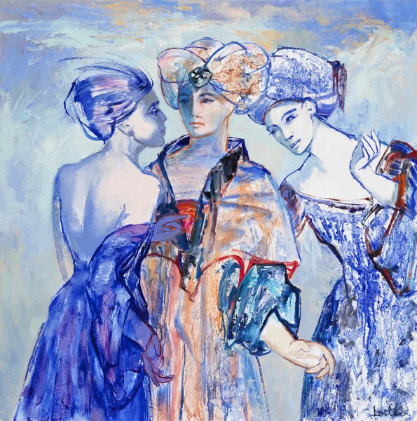 Hervé LOILIER, Chuchotements, huile sur toile de 100 × 100 cm représentant trois femmes élégantes aux coiffes et tenues raffinées, dans une composition figurative aux nuances de bleu, blanc, violet et orange, évoquant un échange intime et complice.