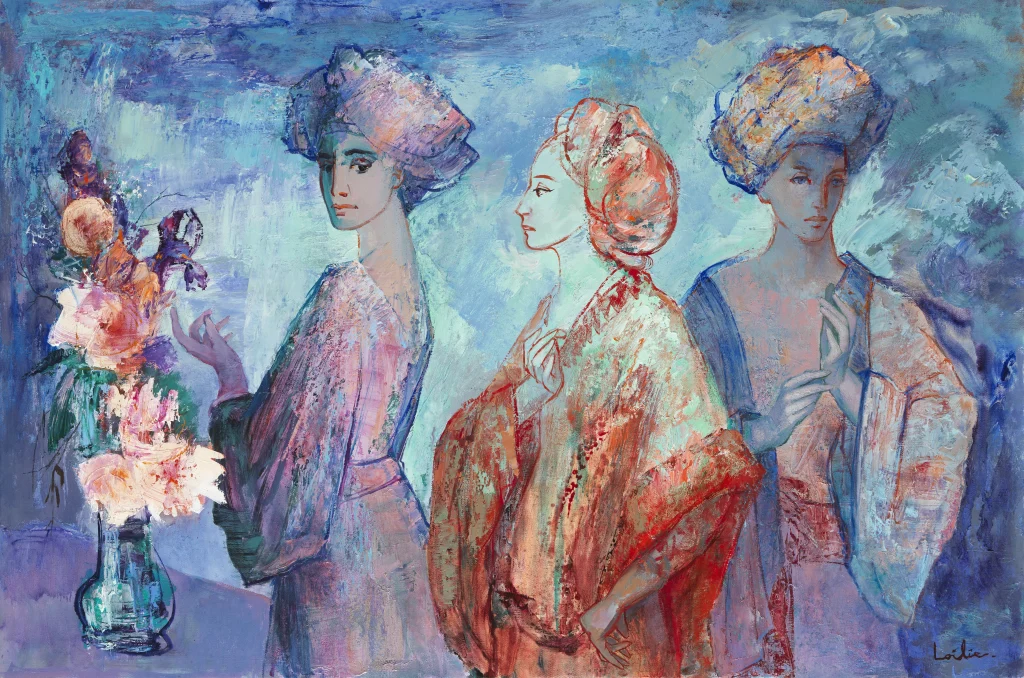 Hervé LOILIER, Clair de lune, huile sur toile représentant trois femmes élégantes aux coiffes raffinées, accompagnées d’un bouquet de fleurs, dans une composition figurative aux nuances de turquoise, bleu, violet, rose et orange, à l’atmosphère poétique et lumineuse.