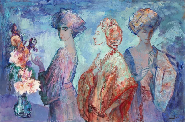Hervé LOILIER, Clair de lune, huile sur toile représentant trois femmes élégantes aux coiffes raffinées, accompagnées d’un bouquet de fleurs, dans une composition figurative aux nuances de turquoise, bleu, violet, rose et orange, à l’atmosphère poétique et lumineuse.