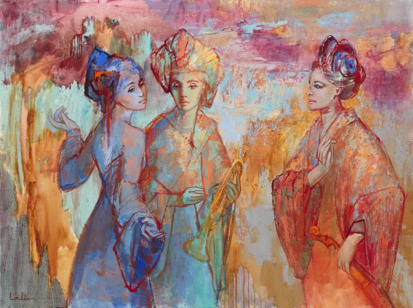 Hervé LOILIER, Clairon d’or, huile sur toile figurant trois femmes élégantes aux tenues colorées, dans une composition figurative aux nuances de bleu, turquoise, orange et rouge, sur un fond lumineux et expressif.