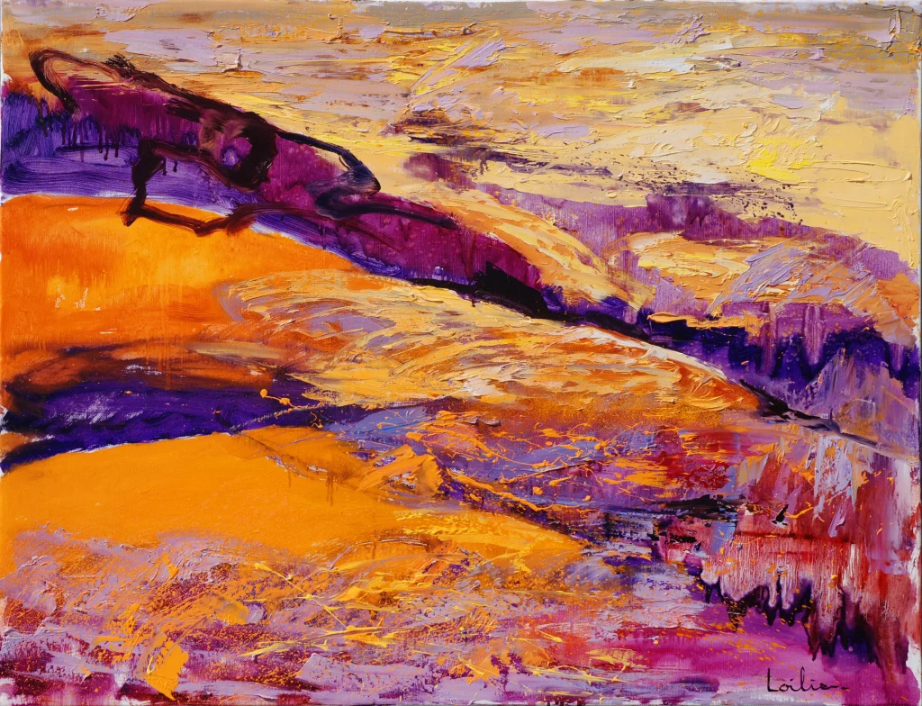 Hervé LOILIER, Incandescence des sables, huile sur toile représentant un paysage abstrait aux reliefs et aux mouvements évoquant des dunes de sable. Les empâtements et les contrastes de jaune doré, d’orange, de violet et de pourpre créent une composition lumineuse et vibrante.