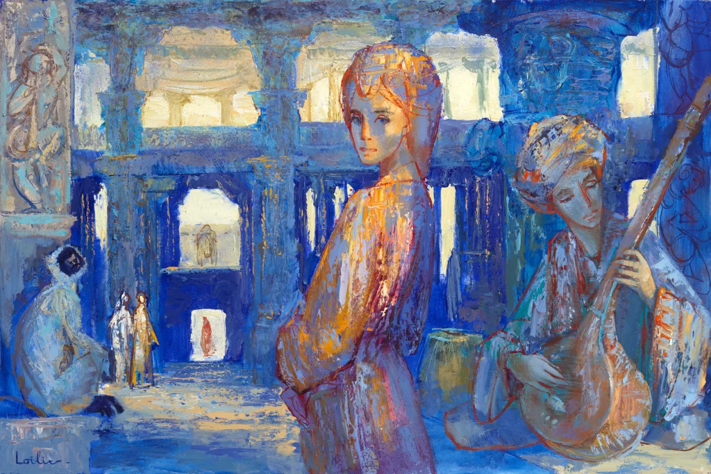 Hervé LOILIER, Le temple de Ranakpur, huile sur toile représentant une scène animée au cœur d’un temple indien, avec des personnages en tenue traditionnelle et un musicien jouant d’un instrument à cordes. Une composition figurative aux nuances intenses de bleu, turquoise, orange et ocre, évoquant l’atmosphère spirituelle et colorée de l’Inde.