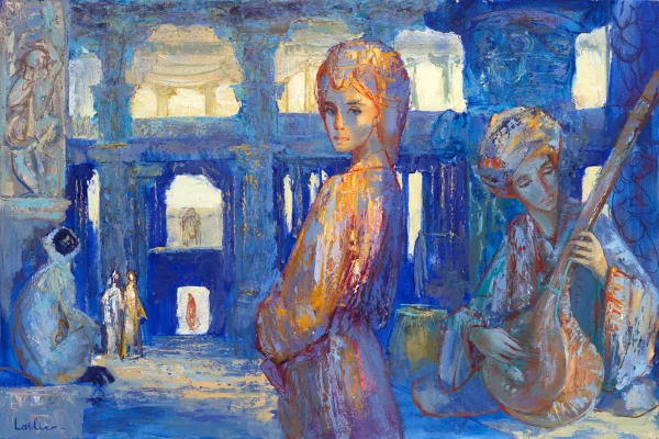 Hervé LOILIER, Le temple de Ranakpur, huile sur toile représentant une scène animée au cœur d’un temple indien, avec des personnages en tenue traditionnelle et un musicien jouant d’un instrument à cordes. Une composition figurative aux nuances intenses de bleu, turquoise, orange et ocre, évoquant l’atmosphère spirituelle et colorée de l’Inde.