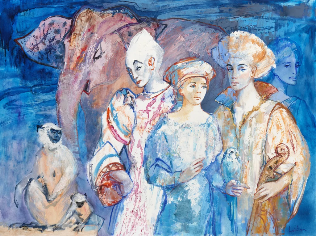 Hervé LOILIER, Les Clowns, huile sur toile représentant plusieurs personnages aux costumes et coiffes colorés, accompagnés d’un éléphant et de petits singes. Une composition figurative expressive aux nuances intenses de bleu, turquoise, rose, blanc et orange, mêlant univers du cirque et inspiration orientale.