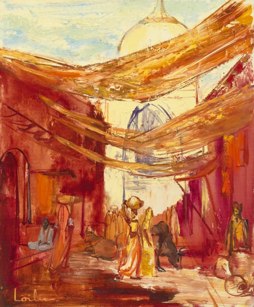 Hervé LOILIER, Marché indien, huile sur toile représentant une scène de marché traditionnel dans une ruelle orientale, animée par des personnages en tenues colorées sous de grandes étoffes tendues entre les bâtiments. Une composition figurative aux tons chauds de rouge, orange, ocre et doré, évoquant la lumière et l’effervescence de l’Inde.
