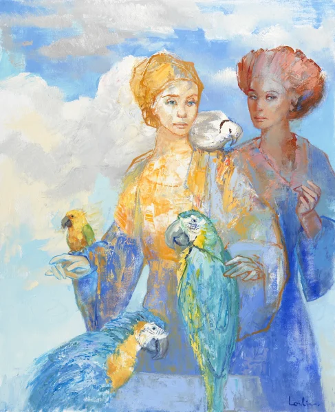 Hervé LOILIER, Oiseleur, huile sur toile représentant deux femmes élégantes accompagnées de perroquets aux plumages colorés. Une composition figurative lumineuse aux nuances de bleu, turquoise, jaune et orange, sur un fond de ciel nuageux évoquant un univers poétique et raffiné.