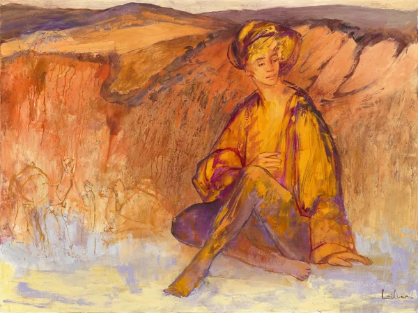 Hervé LOILIER, Repos au bivouac, huile sur toile représentant un personnage assis au repos dans un paysage désertique, vêtu d’une tenue ocre et orangée. À l’arrière-plan, des reliefs rocheux et des silhouettes de dromadaires esquissées évoquent une halte dans le désert. Une composition figurative aux tons chauds d’orange, de jaune, d’ocre et de violet.