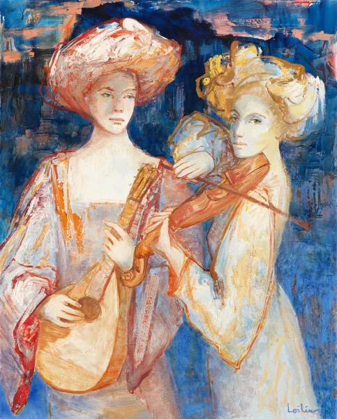 Hervé LOILIER, Sérénade nocturne, huile sur toile de 100 × 81 cm représentant deux femmes élégamment vêtues et coiffées de grands chapeaux, réunies autour d’un instrument à cordes. Leurs silhouettes lumineuses se détachent sur un fond bleu profond, dans une composition figurative aux accents poétiques, mêlant des nuances de blanc, d’ocre, d’orange et de rouge.
