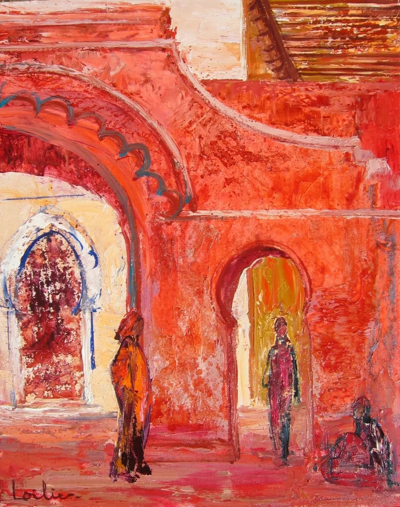 Hervé LOILIER, Souvenir d’Essaouira, huile sur toile, format 25F. La composition représente une scène architecturale inspirée de l’atmosphère marocaine, avec de grandes arcades, des portes cintrées et des silhouettes élancées évoluant dans un décor aux teintes rouge orangé et ocre. Les touches de jaune lumineux et de bleu soulignent les détails architecturaux et contrastent avec la dominante chaleureuse de la palette. Une œuvre figurative expressive qui évoque le charme des ruelles d’Essaouira et la richesse de son architecture.